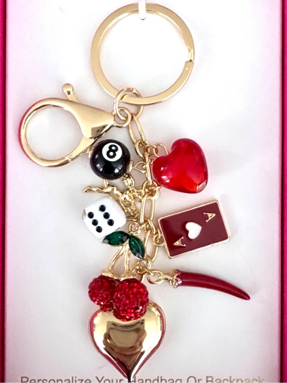 Persimmons NWT Gold Tone Red Charm Keychain with Hearts, Dice & Playing Card
